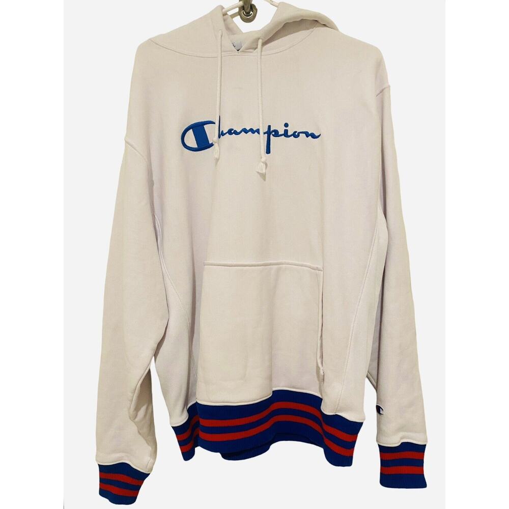 Champion Hoodie Sweater Vintage Reverse Weave Rare White Blue Red Men Large